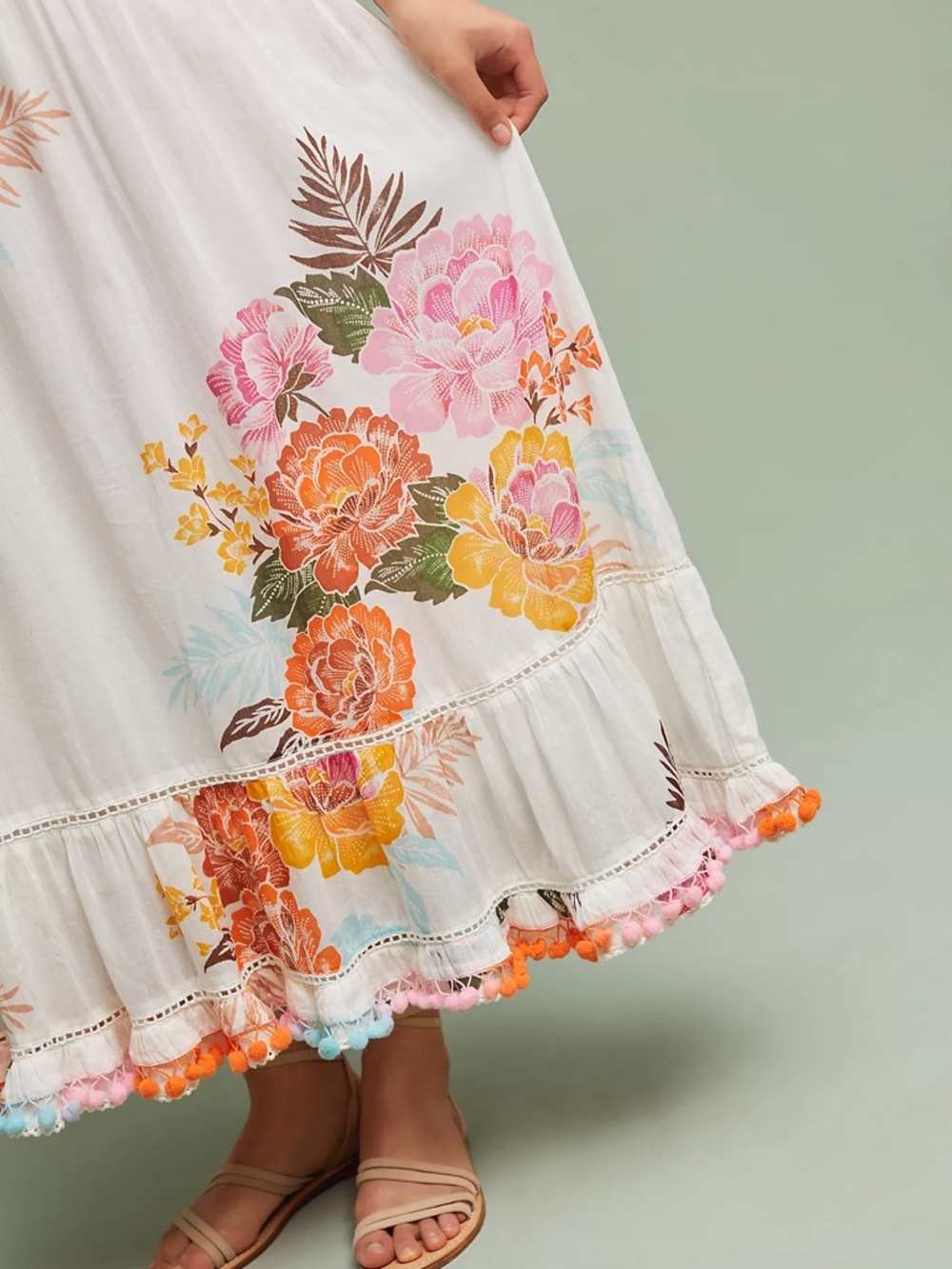 FARM RIO Floral Maxi Sundress in White with Pink & Orange Blooms - Picture 3 of 5